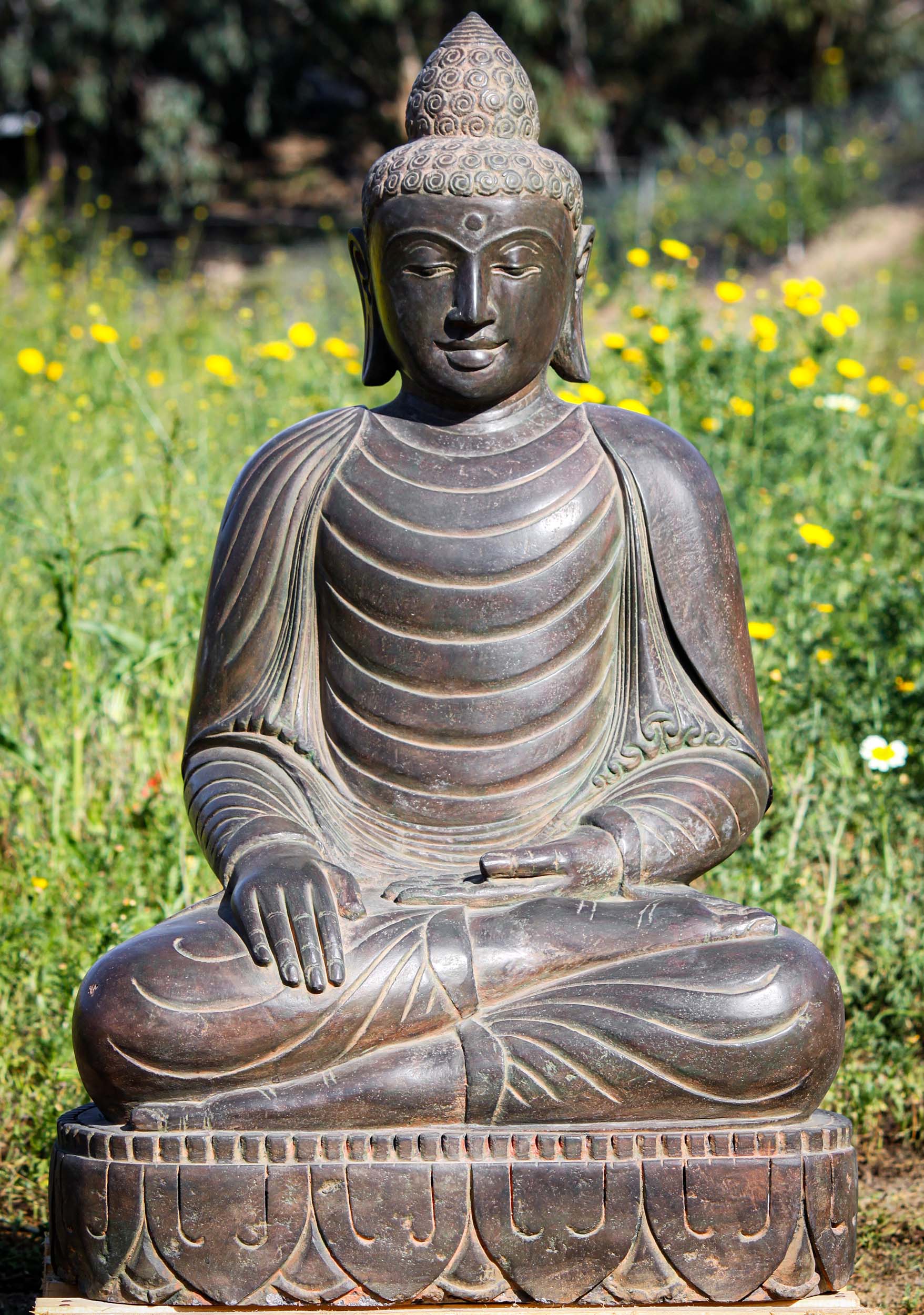 Stone Earth Touching Buddha in Robes Statue 38"